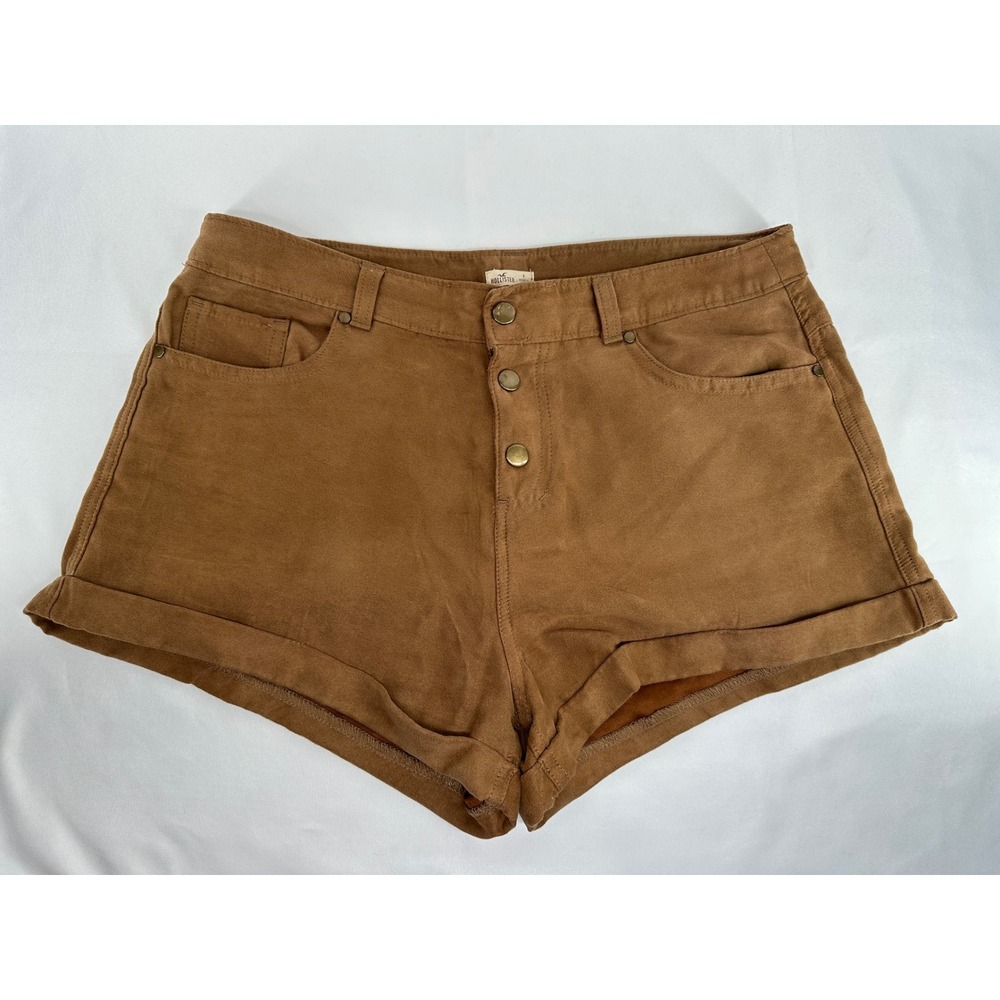 Hollister Faux Suede Shorts Women Size 9 Brown High Rise Button Fly Cuffed Boho